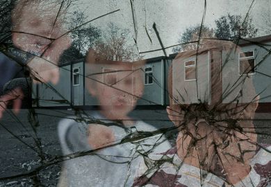 Montage of two children bullying a child in a school setting with smash glass effect to illustrate Academic bullying is hidden in plain sight