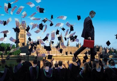 Montage of a The Houses of Parliament with Chancellor Jeremy Hunt holding THE budget case and notes and graduation caps floating to illustrate Does anyone know how much England’s HE system costs