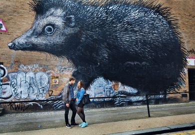 Giant hedgehog animal mural  in Shoreditch. East London, to illustrate Humanities’ crisis ‘overblown’, UK sector leaders say
