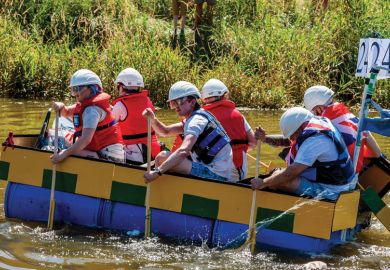 Participants In Home Made Rafts rowing as a metaphor for British academics quitting UK over Brexit