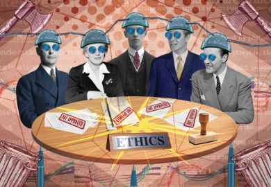 Illustration of a group sitting around a table being brainwashed with 'Not approved' signs Group sitting around table being brainwashed with 'Not approved' signs on the table to illustrate Why we should abolish ethics committees