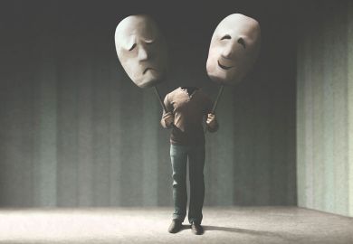 Illustration of a person without a head holding comedy masks to illustrate Let’s not turn academia’s divine comedy into a tragedy