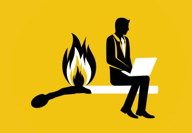 Illustration of a man sitting on a match stick with a laptop.