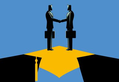 illustration of two people shaking hands stand on a bridge in the shape of a mortar board illustration of two people shaking hands stand on a bridge in the shape of a mortar board to illustrate HE must not retreat from international engagement