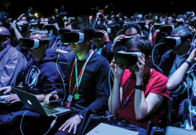 crowd wearing VR devices crowd wearing VR devices