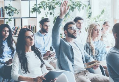 White man with hand up