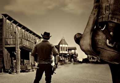 A cowboy enters a Wild West town A cowboy enters a Wild West town