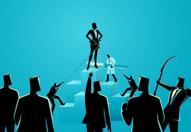 A high-achieving woman on a pedestal being attacked, and men attempting to pull her off. To illustrate how a female neuroscientist became subject to an inquiry for doing her job, in a betrayal of scientific standards.