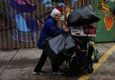 Woman collecting bottles and cans for money, Brooklyn, New York City