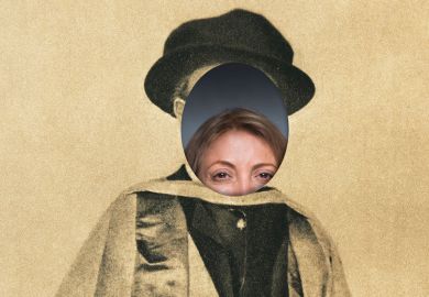 Woman peeking through face of photo of university graduate Woman peeking through face of photo of university graduate