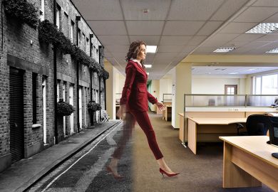 Woman walking from home to office, with less visibility at home. To illustrate whether professional services staff would be better off if their work were more visible to the university community.