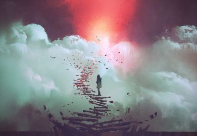 Woman standing on broken stairs