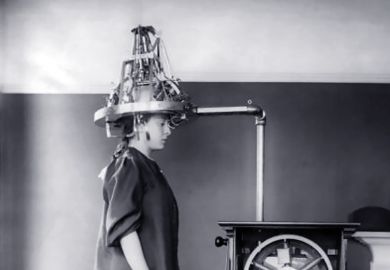 A woman wearing an electronic headset