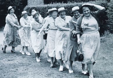Women in conga line, 1950s