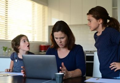 Women tries to work while children talk Women tries to work while children talk