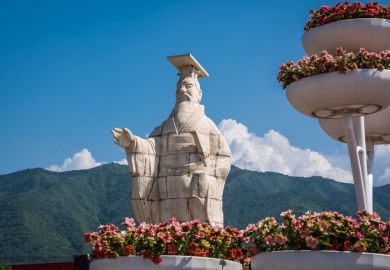 Xian, China - July 2019  Large and imposing sculpture of Chinese philosopher Confucius on the site of Terracotta Army Museum