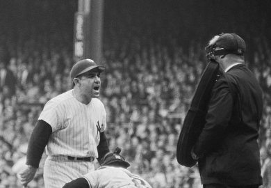 Yogi Berra bellows at the umpire in the 1962 baseball World Series, illustrating dismay at proposals to close language departments Yogi Berra bellows at the umpire in the 1962 baseball World Series, illustrating dismay at proposals to close language departments