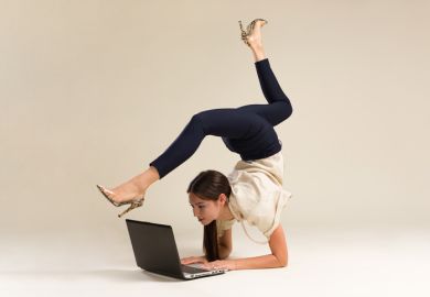 Young Gymnast Business Woman Stretching And Working On Computer