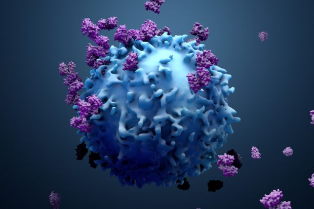 3d illustration proteins with lymphocytes , t cells or cancer cells