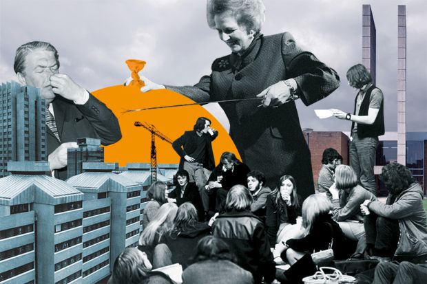 50 years of Times Higher Education - collage showing Thatcher popping a balloon, Kingsley Amis holding his nose, students and buildings