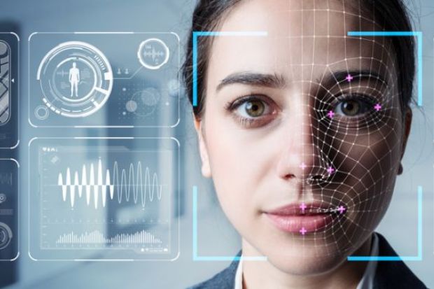 woman’s face with (AI) data superimposed woman’s face with (AI) data superimposed