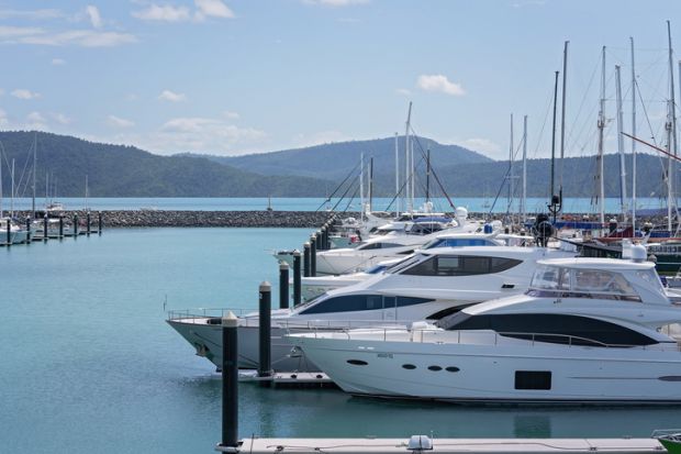 Airlie Beach, Queensland, Australia - April 2021 Luxury yachts moored at Coral Sea Marina