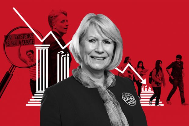 Alison Johns, departing CEO of Advance HE, with background showing crumbling university under financial pressure, Kathleen Stock and a pro-trans rights activist, and international students. Alison Johns, departing CEO of Advance HE, with background showing crumbling university under financial pressure, Kathleen Stock and a pro-trans rights activist, and international students.