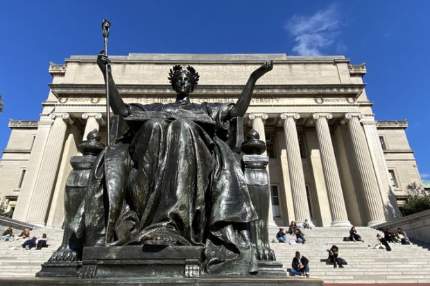 Alma Mater statue by Daniel Chester French in front of students sitting on the Low Library steps on Columbia University's main campus Alma Mater statue by Daniel Chester French in front of students sitting on the Low Library steps on Columbia University's main campus