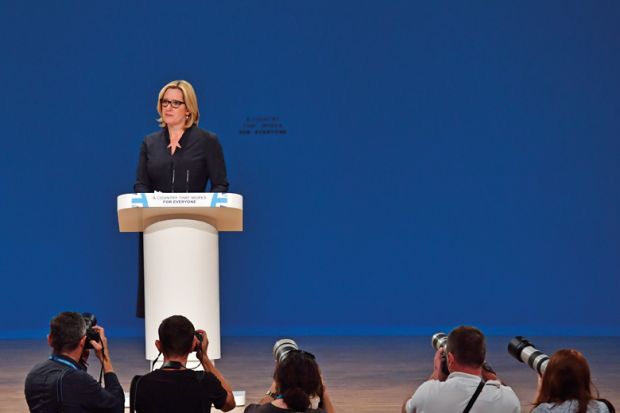 BIRMINGHAM, ENGLAND - OCTOBER 04: Home Secretary, Amber Rudd, delivers her first speech as Home Secretary on the third day of the Conservative Party Conference 2016 at the International Conference Centre on October 4, 2016 in Birmingham, England. BIRMINGHAM, ENGLAND - OCTOBER 04: Home Secretary, Amber Rudd, delivers her first speech as Home Secretary on the third day of the Conservative Party Conference 2016 at the International Conference Centre on October 4, 2016 in Birmingham, England.