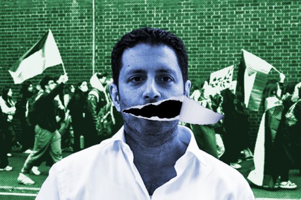 Montage showing Arif Ahmed with torn mouth and student protest in background. To illustrate Ahmed being unusually quiet since starting the role of director for freedom of speech and academic freedom. Montage showing Arif Ahmed with torn mouth and student protest in background. To illustrate Ahmed being unusually quiet since starting the role of director for freedom of speech and academic freedom.