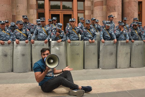 Demonstrators rally to demand Armenian Prime Minister Nikol Pashinyan's resignation, outside the government building in central Yerevan, on 30 May 2024. To illustrate concerns that Armenia's ‘academic city’ will make student protest impossible. Demonstrators rally to demand Armenian Prime Minister Nikol Pashinyan's resignation, outside the government building in central Yerevan, on 30 May 2024. To illustrate concerns that Armenia's ‘academic city’ will make student protest impossible.