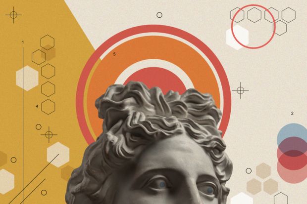 Art collage with antique sculpture of Apollo face and numbers, geometric shapes. Beauty, fashion and health theme. Science, research, discovery, technology concept. Pop art style. Zine culture.