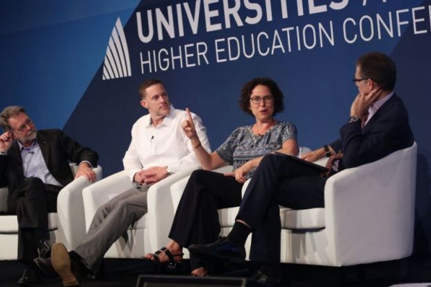 ANU economist Jane Golley with (left to right) ANU strategist Hugh White, UTS economist James Laurenceson and CSU vice-chancellor Andy Vann at the Universities Australia conference, Canberra, 28 February 2019