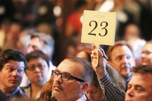 Bidder raising paddle, Napa Valley Barrel Auction