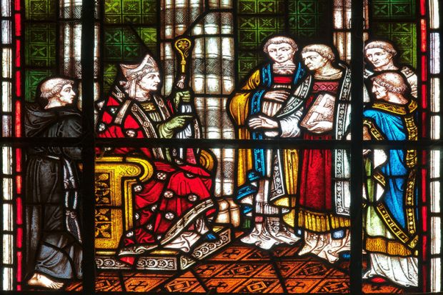 Bishop Grosseteste in the Norman built cathedral at Lincoln, England: stained glass window in the chapter house of the cathedral. Lincoln Bishop university was formerly named Bishop Grosseteste University.