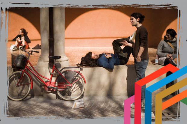 Students relax in the sunshine at the University of Bologna. Students relax in the sunshine at the University of Bologna.