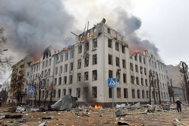 Firefighters work to contain a fire at the Economy Department building of Karazin Kharkiv National University, allegedly hit during recent shelling by Russia, on March 2, 2022 Firefighters work to contain a fire at the Economy Department building of Karazin Kharkiv National University, allegedly hit during recent shelling by Russia, on March 2, 2022
