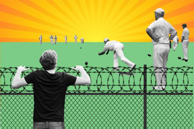 Person looking over fence at retired people bowling. To illustrate how university staff can be locked out of the Teacher's Pension Scheme by being employed through a subsidiary company Person looking over fence at retired people bowling. To illustrate how university staff can be locked out of the Teacher's Pension Scheme by being employed through a subsidiary company