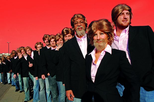 Queue of people in suits and wigs