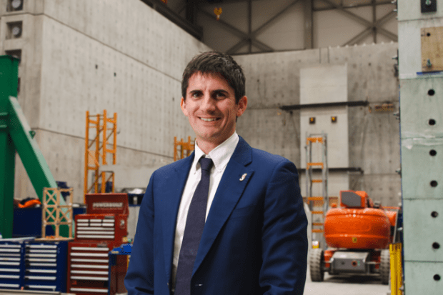 Professor Brendon Bradley in the main Structural Engineering Laboratory at the University of Canterbury