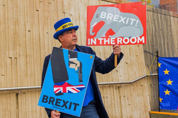 Steve Bray, famous brexit campaigner, holds up signs Brexit Elephant in the room and Brexit shooting self in foot as various different groups held demonstrations outside the ACC conference centre, 22 September, 2024. Steve Bray, famous brexit campaigner, holds up signs Brexit Elephant in the room and Brexit shooting self in foot as various different groups held demonstrations outside the ACC conference centre, 22 September, 2024.
