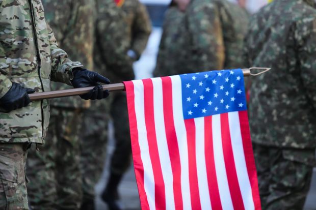 Bucharest, Romania - December 1, 2018 US marines take part at the Romania's National Day military parade, in Bucharest.