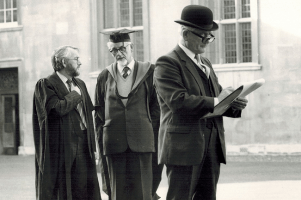 Alan Baker with Emmanuel College praelector and head porter in 1983 Alan Baker with Emmanuel College praelector and head porter in 1983