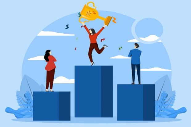 Illustration: A woman with a trophy celebrates on the top step of a podium Illustration: A woman with a trophy celebrates on the top step of a podium