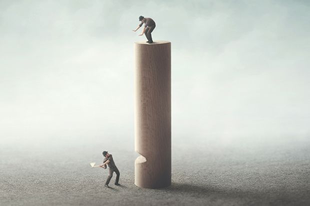 Illustration: A man chops a pillar on which another is standing Illustration: A man chops a pillar on which another is standing