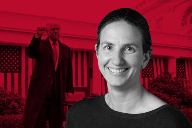 Christina Pagel, scientist behind Trump Action Tracker, with Donald Trump raising his fist in the background.