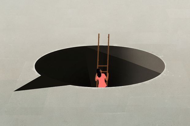 A girl trying to climb out of a speech bubble hole, with a ladder that is broken. To illustrate whether the English language testing tools used by universities are good enough for students to succeed.
