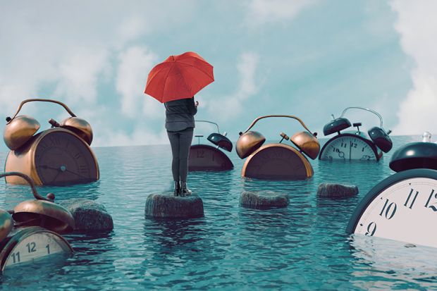 Montage: woman with umbrella stands on stepping stone, surrounded by clocks floating in water Montage: woman with umbrella stands on stepping stone, surrounded by clocks floating in water