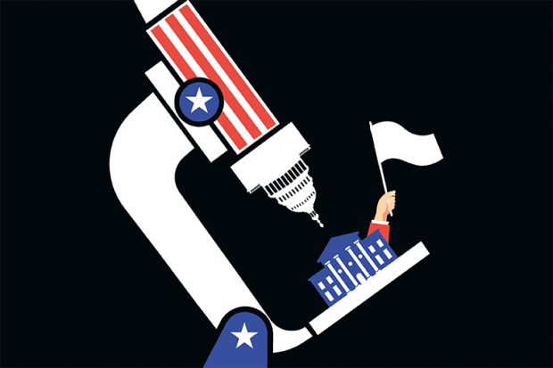 Illustration: a microscope made up of a Capitol building looks down on a university waving a white flag Illustration: a microscope made up of a Capitol building looks down on a university waving a white flag