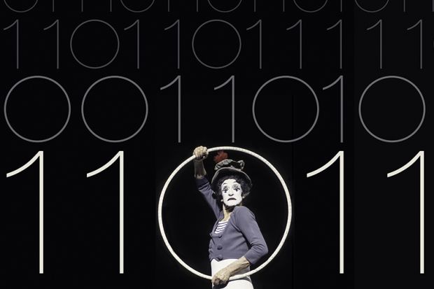 Mime artist Marcel Marceau holding a hoop and surrounded by the figures one and zero, like computer language Mime artist Marcel Marceau holding a hoop and surrounded by the figures one and zero, like computer language